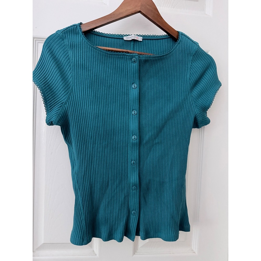 Intimately Free People Teal Ribbed Button Front Lace Trim Top Large